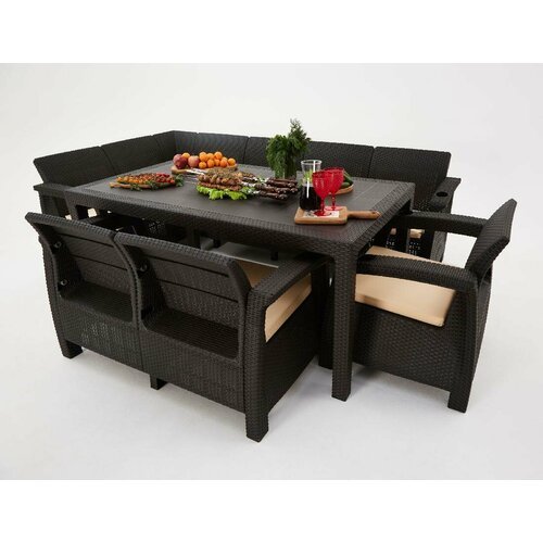 Комплект садовой мебели из ротанга Set 5+2+1+обеденный стол 160х95, с комплектом черных подушек