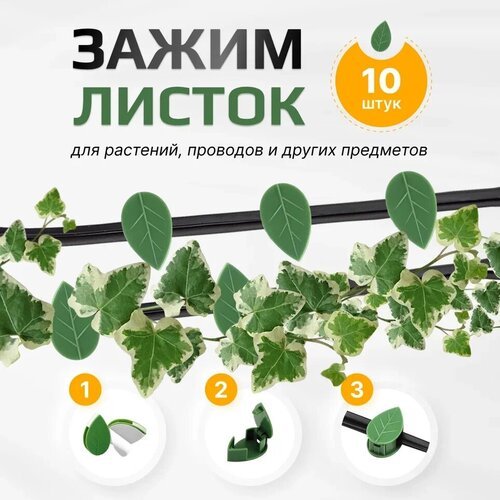 Клипса для растений лист / Зажим для проводов на стену / Держатель - опора для вьющихся цветов зеленый 10 штук
